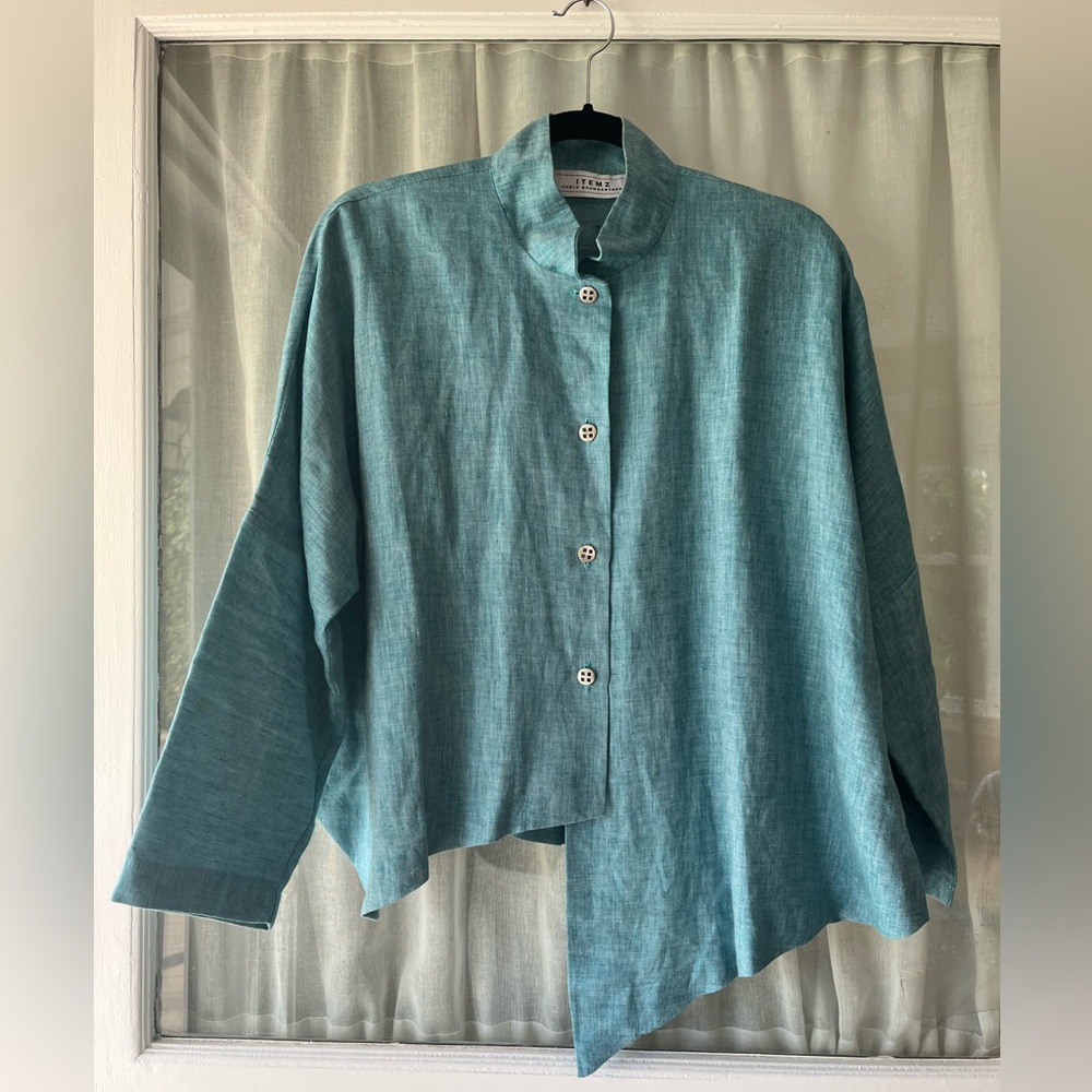 Chris Baumgartner Teal OS Lagenlook 100% Linen Asymmetrical Button Front Shirt